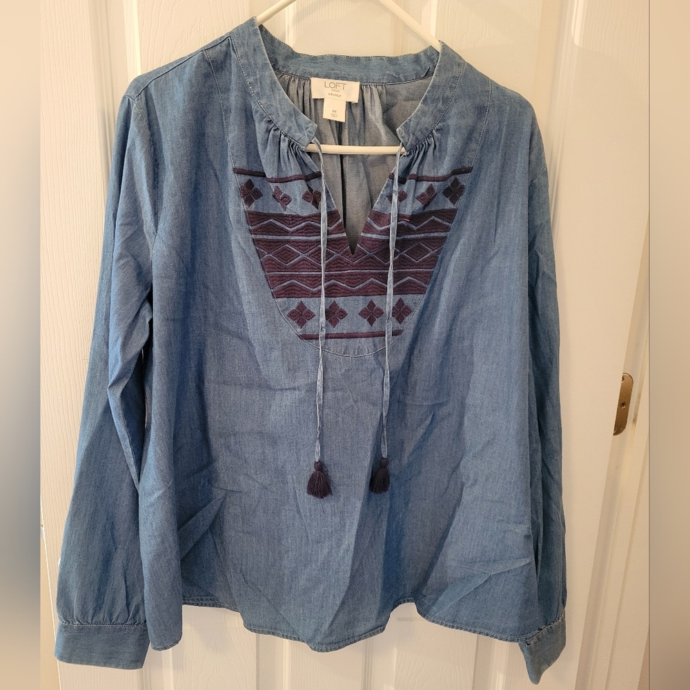 Loft Chambray Top w/ Tassels and Embroidery